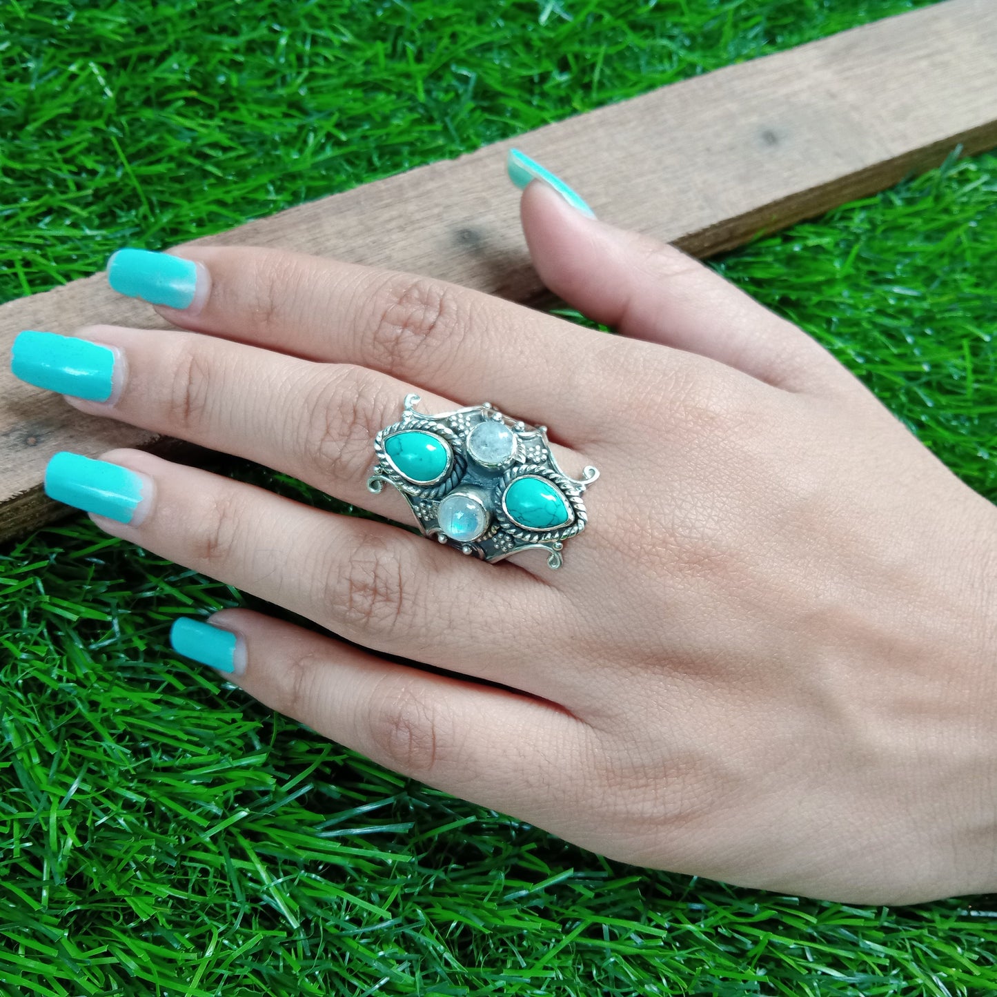 Turquoise and Moonstone 925 Sterling Silver Ring - Hand Crafted Bohemian Ring-Dual stone Ring- Turquoise & Moonstone Ring - Gift for women