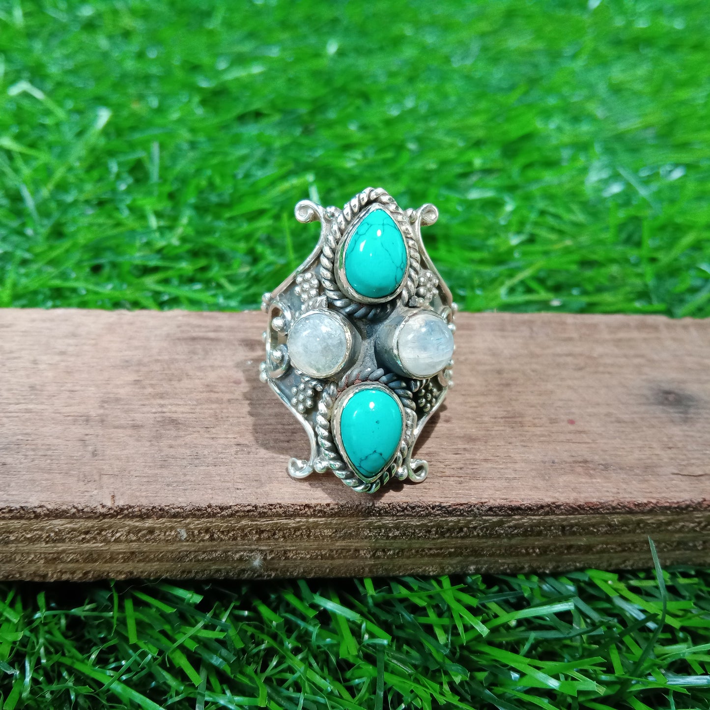 Turquoise and Moonstone 925 Sterling Silver Ring - Hand Crafted Bohemian Ring-Dual stone Ring- Turquoise & Moonstone Ring - Gift for women