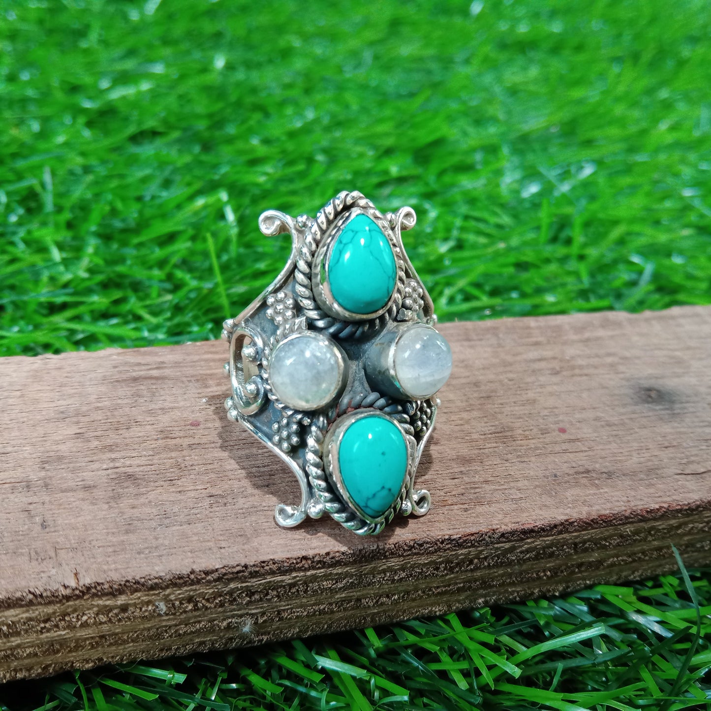 Turquoise and Moonstone 925 Sterling Silver Ring - Hand Crafted Bohemian Ring-Dual stone Ring- Turquoise & Moonstone Ring - Gift for women