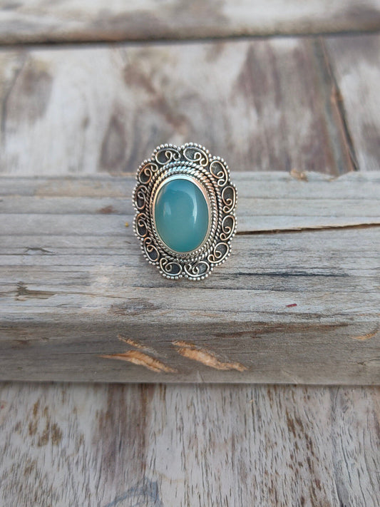 Boho Statement Ring - Aqua Blue Calci Sterling Silver Ring - Hand Crafted Bohemian Ring-Bohemian Ring - Aqua Blue Calci Rings -Gift for