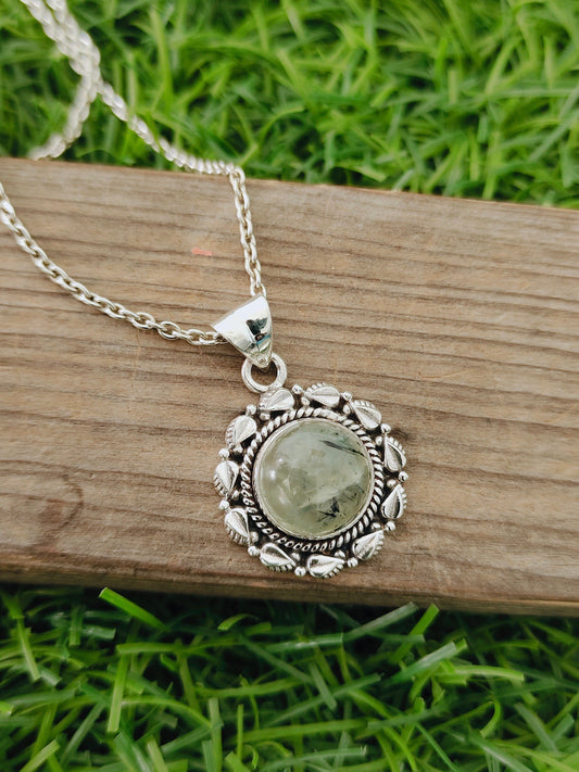 Prehnite Natural Gemstone Pendant in Solid 925-Sterling Silver |Gorgeous Handmade Prehnite Gemstone Round Pendant |Boho Pendant Gift for Her