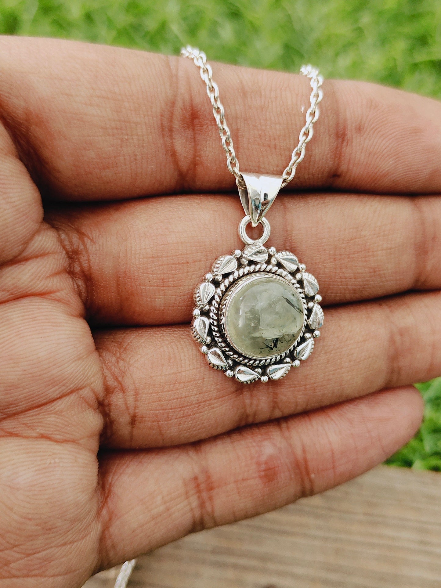 Prehnite Natural Gemstone Pendant in Solid 925-Sterling Silver |Gorgeous Handmade Prehnite Gemstone Round Pendant |Boho Pendant Gift for Her