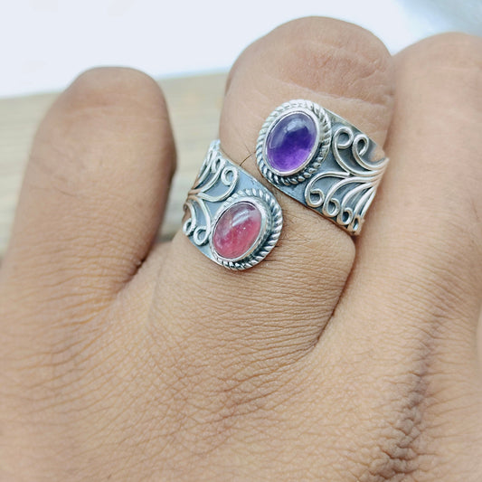 Natural amethyst and ruby  adjustable band ring , handcrafted silver band ring , spinner jewelry , amethyst and ruby ring ,ring