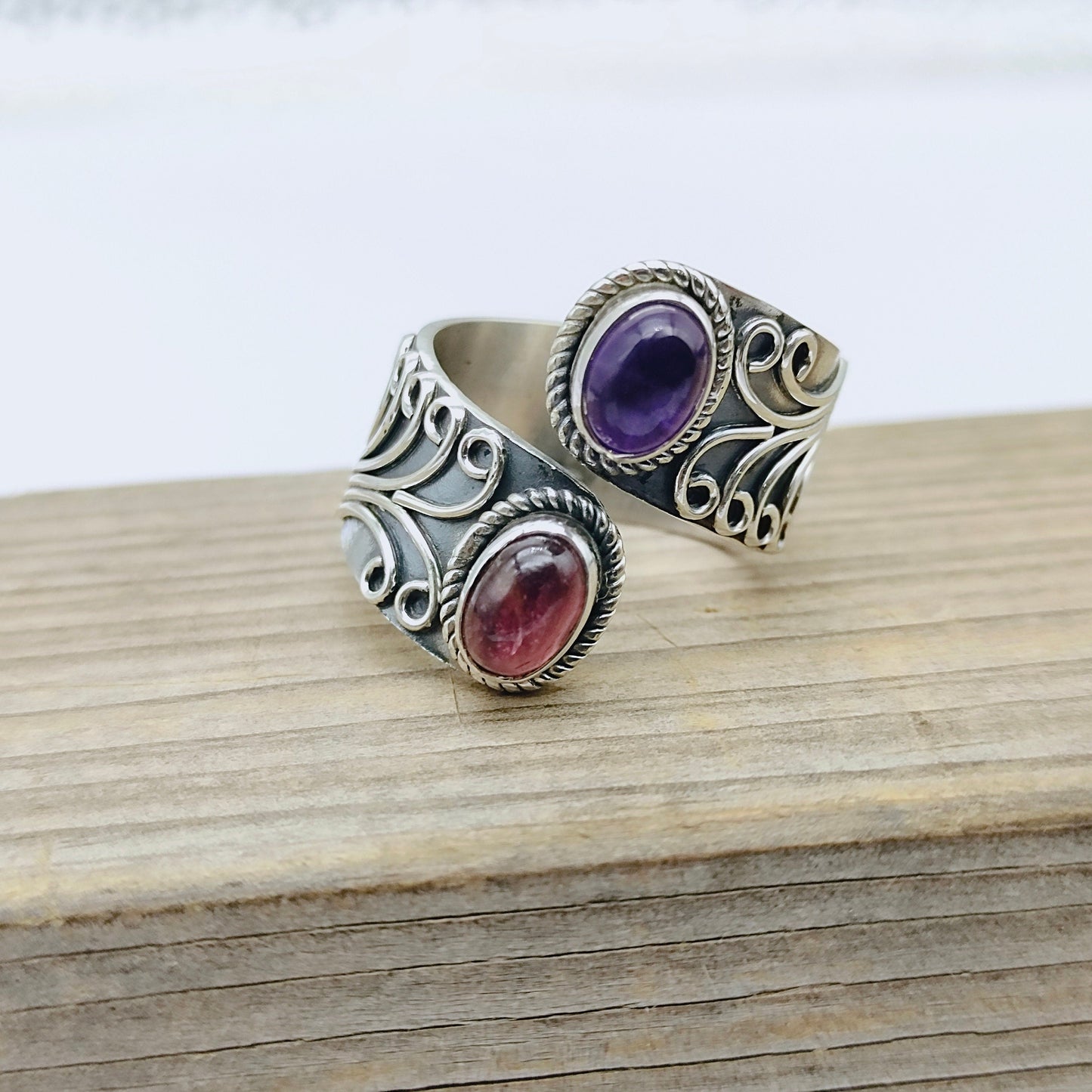 Natural amethyst and ruby  adjustable band ring , handcrafted silver band ring , spinner jewelry , amethyst and ruby ring ,ring