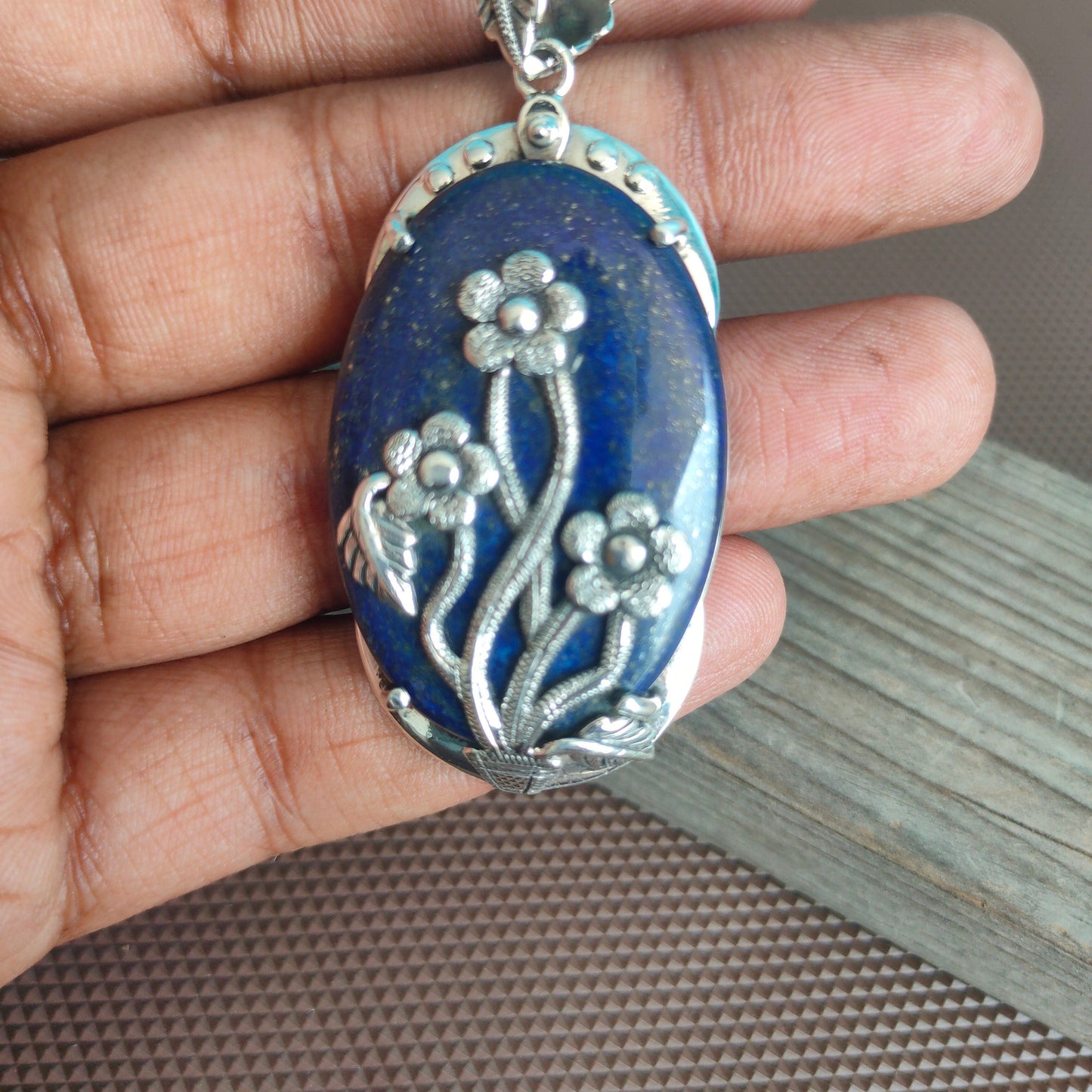 Natural Lapis Lazuli pendant , handcrafted bohemian pendant , lapis stone pendant , flower designed pendant , big size pendant , bohemian