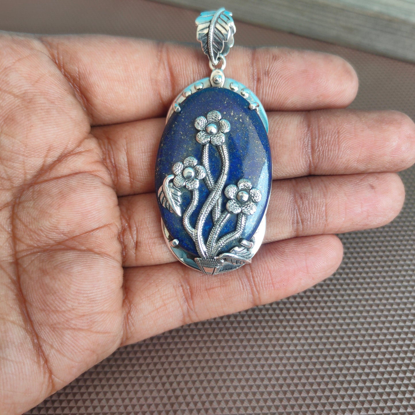 Natural Lapis Lazuli pendant , handcrafted bohemian pendant , lapis stone pendant , flower designed pendant , big size pendant , bohemian