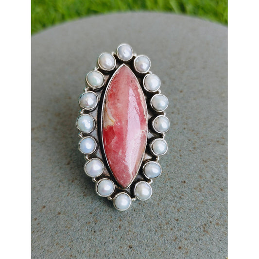 Natural Rhodochrosite Marquise Gemstone with 16 Natural Pearl Stone Ring - 925 sterling silver ring - Big Size ring -Anniversary Gift -Gifts