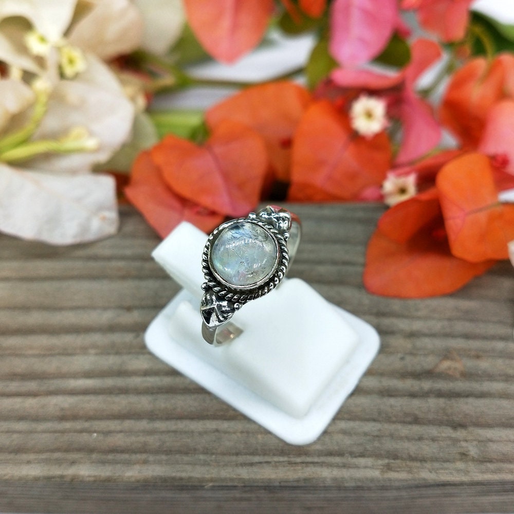 Boho  Ring - Rainbow Moonstone Sterling Silver Ring - Hand Crafted Bohemian Ring-Bohemian Ring - Rainbow Moonstone  - Rings -Gift for her