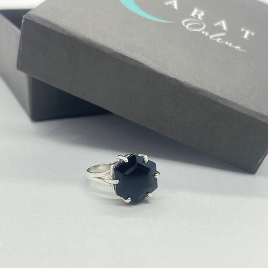 Boho Statement Ring - Black Onyx Stone Sterling Silver Ring - Hand Crafted Bohemian Ring - Hexagon shape stone ring - Rings - Gift for her