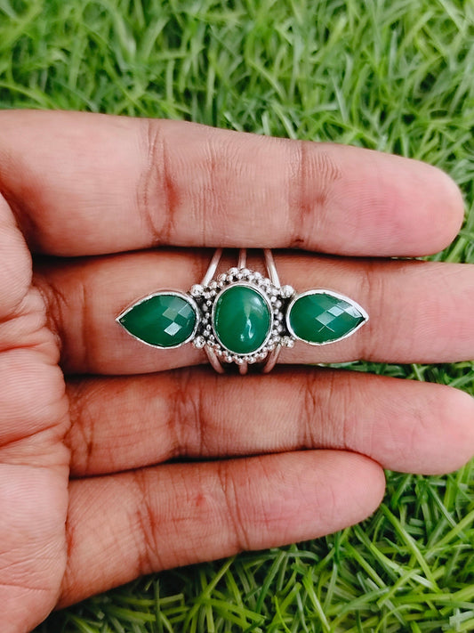 Green Onyx Boho  Ring, 925 Sterling Silver Ring Green Onyx 3 stone ring , big size ring , Green stone ring , jewelry silver ring, boho rings