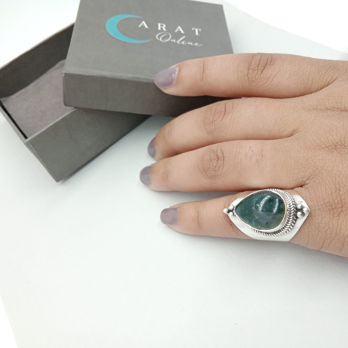 Boho ring - moss agate silver ring - 925 Silver ring - Boho silver ring - moss agate ring - Tear drop shape stone ring - free shipping
