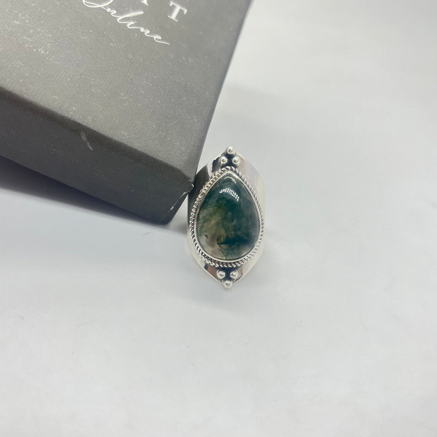 Boho ring - moss agate silver ring - 925 Silver ring - Boho silver ring - moss agate ring - Tear drop shape stone ring - free shipping