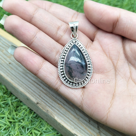 Handmade Moss Agate Pendant of Solid 925 Sterling Silver, Beautiful Moss Agate Pendant in Teardrop Shape, Boho Pendant Gift for her