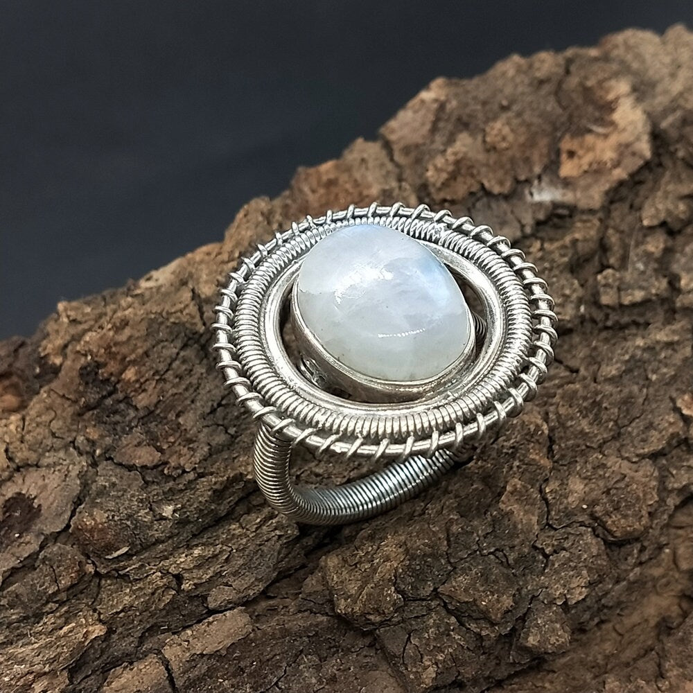 Boho Ring - Rainbow Moonstone Sterling Silver Ring - Unique Hand Crafted Bohemian Ring-Bohemian Ring- Rainbow Moonstone- Rings -Gift for her