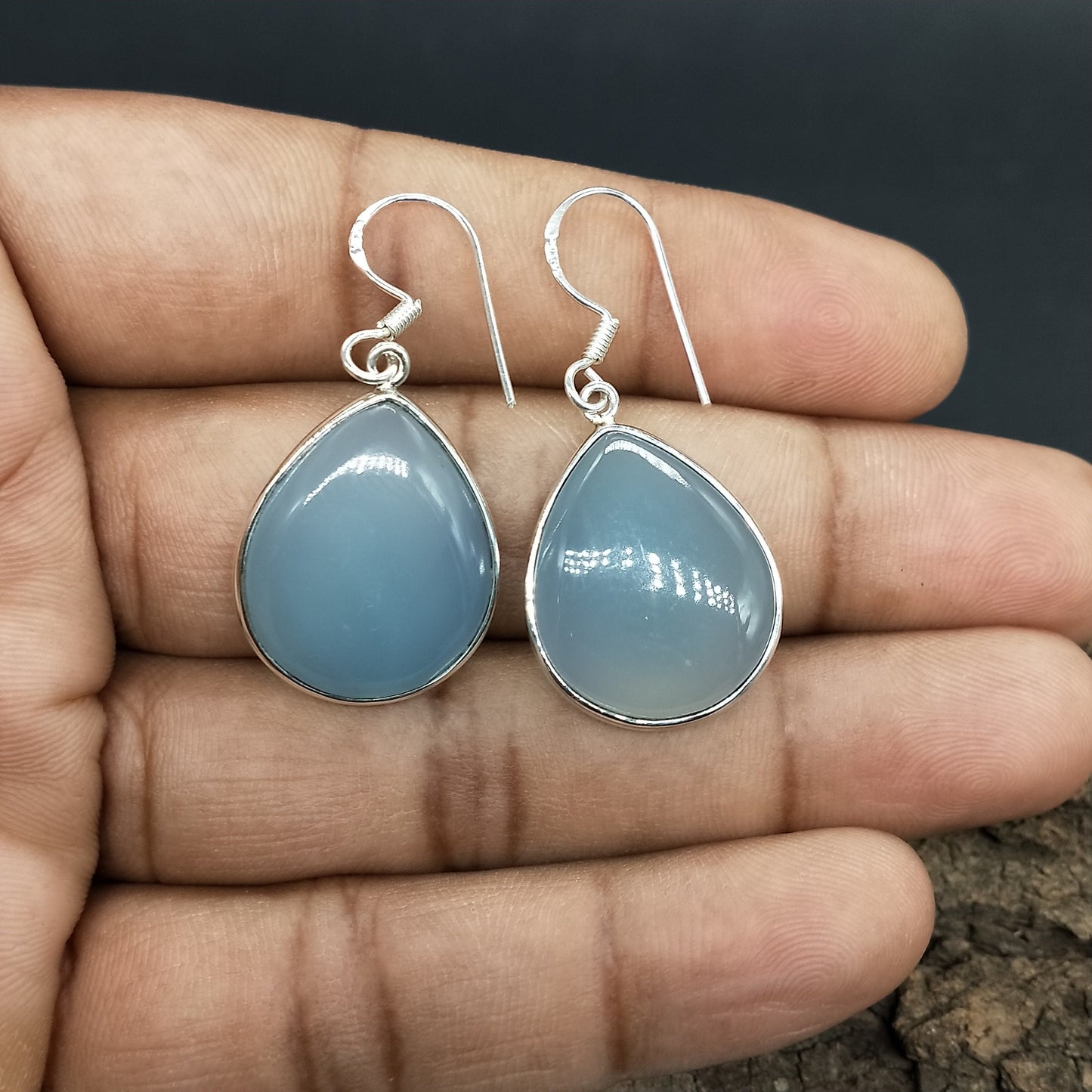 Blue calcy silver earring , handcrafted bohemian earring , earrings ,blue calcy stone , gift for her , jewelry , dangle earrings , freeship