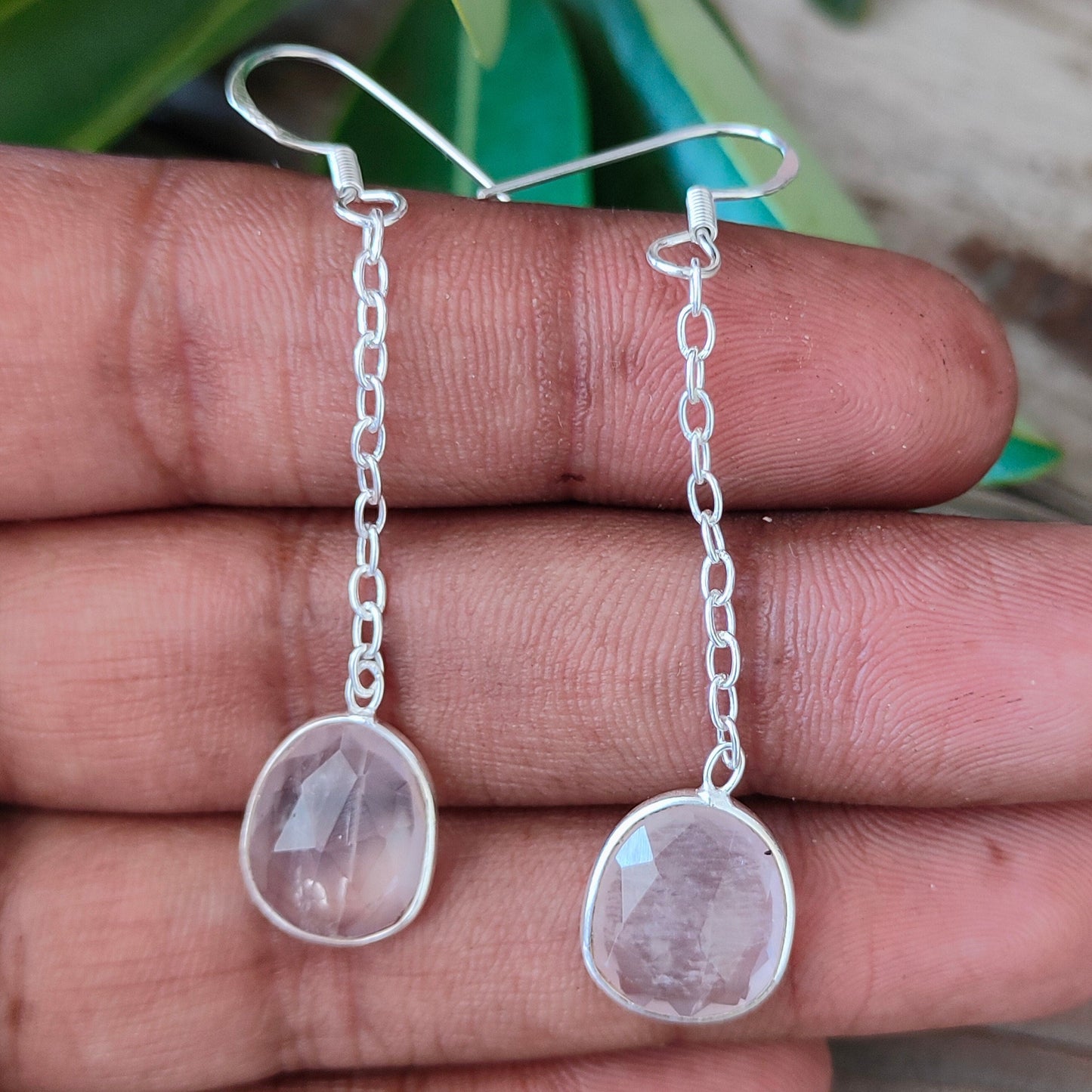 Rose Quartz Sterling Silver Handmade Earring | Rose Quartz Stone | Daily wearable Earrings | Chain Earrings | Boho Earrings Gift for Her