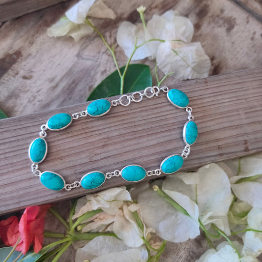 Turquoise Gemstone Bracelet - Silver Beaded Bracelet - 925 Sterling Silver Bracelet - Dainty Silver Bracelet for Women Bracelets - Silver