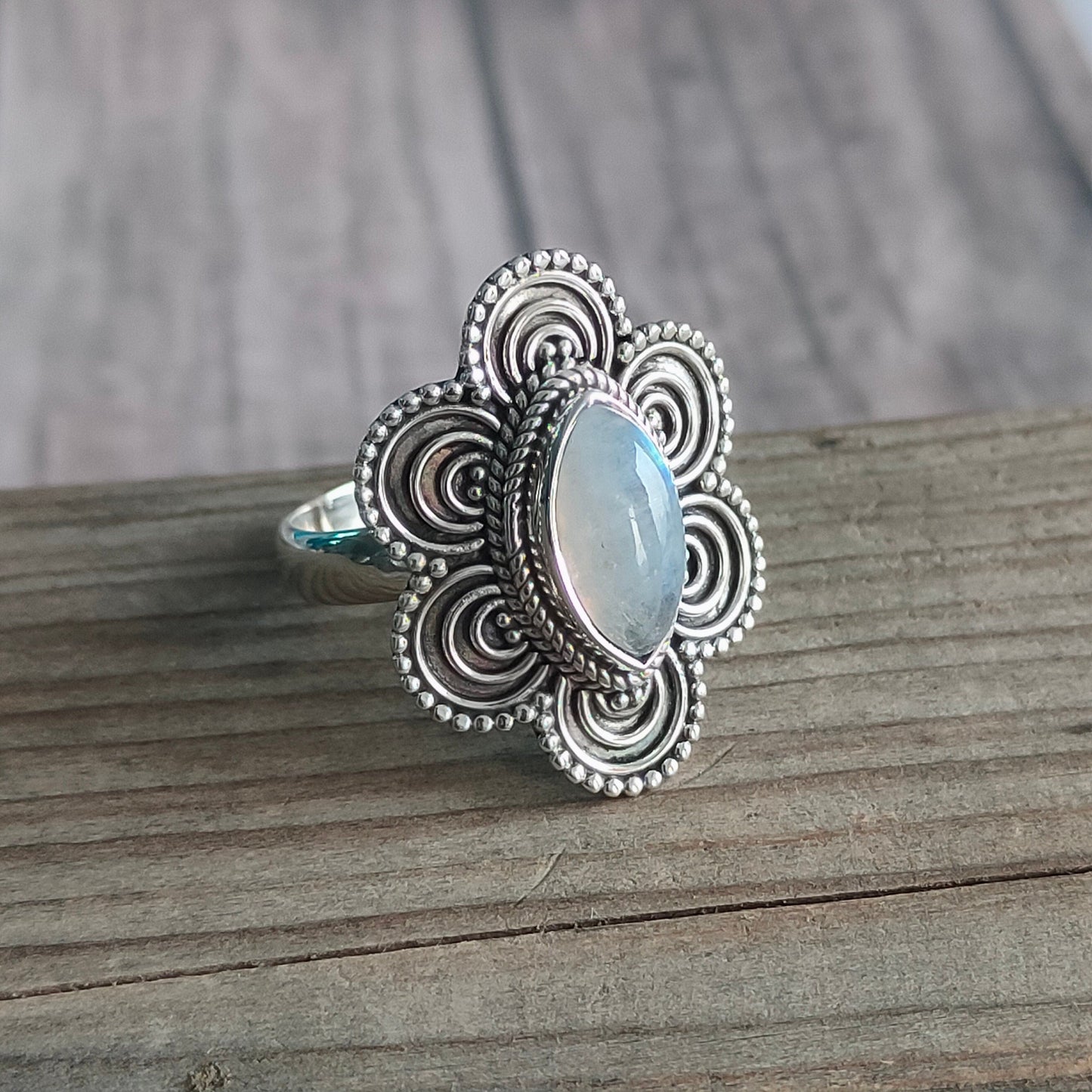 Boho  Ring - Rainbow Moonstone Sterling Silver Ring - Hand Crafted Bohemian Ring-Bohemian Ring -Rainbow Moonstone -Rings -Gift for her Gifts