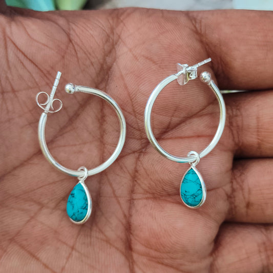 Turquoise Sterling Silver Handmade Earring | Turquoise Stone | Circle Shape | Silver Earrings | Boho Earrings Gift for Her