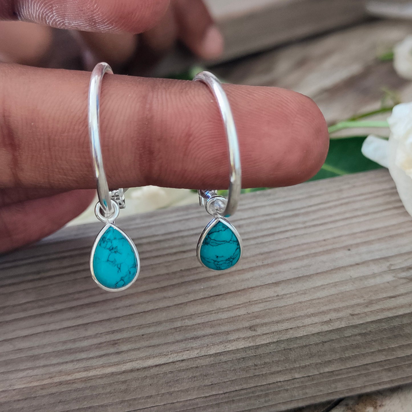 Turquoise Sterling Silver Handmade Earring | Turquoise Stone | Circle Shape | Silver Earrings | Boho Earrings Gift for Her