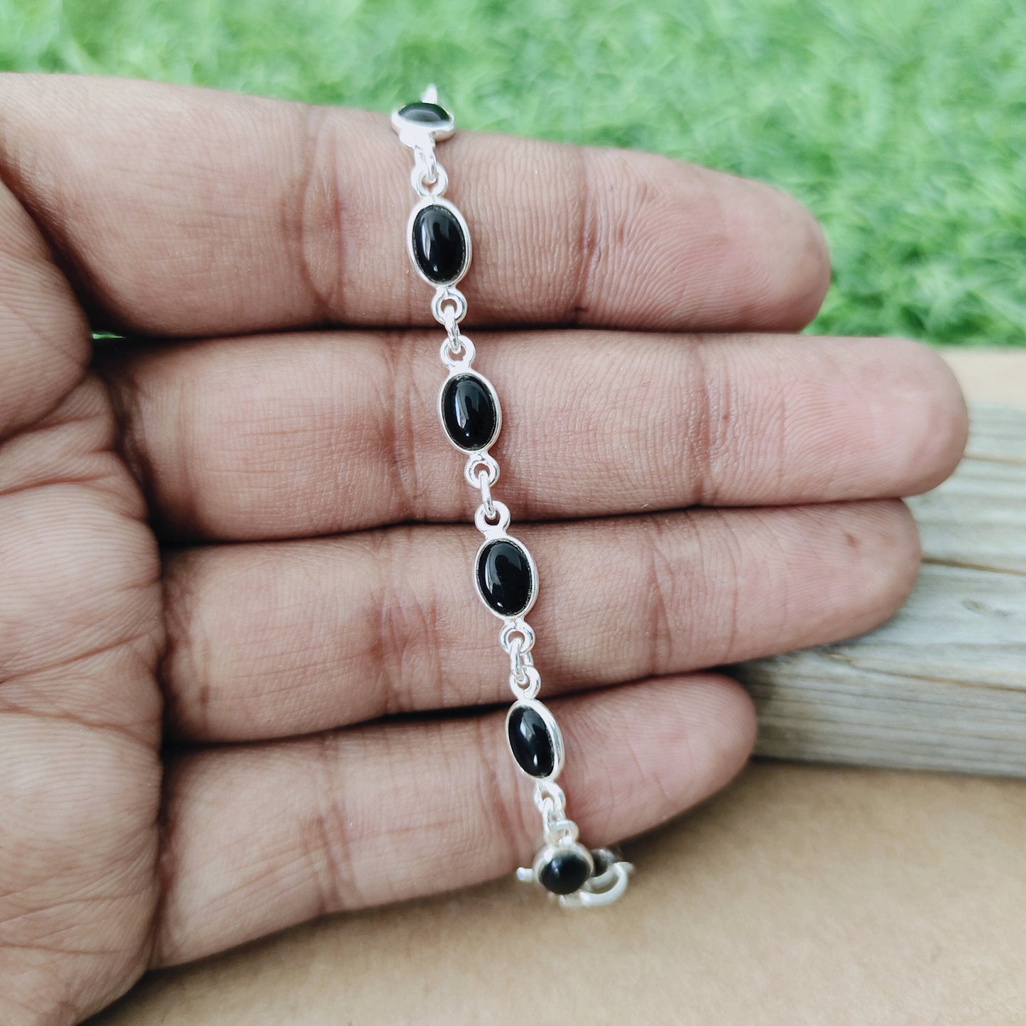 Black Onyx Gemstone Bracelet - Silver Beaded Bracelet - 925 Sterling Silver Bracelet - Dainty Silver Bracelet for Women Bracelets- For Gift