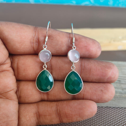 Green onyx and Rose Quartz Sterling Silver Earrings , Handmade Silver Earrings , Dainty Earrings , Silver Earrings , Silver Jewelry Earring