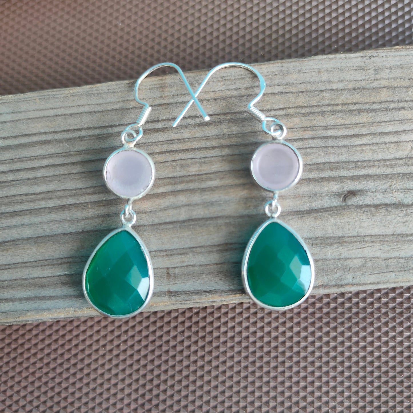 Green onyx and Rose Quartz Sterling Silver Earrings , Handmade Silver Earrings , Dainty Earrings , Silver Earrings , Silver Jewelry Earring