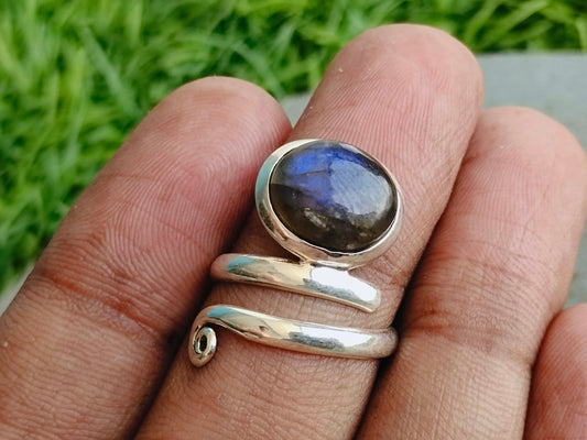 Labradorite Sterling Silver Spiral Ring -Boho Statement Ring - Hand Crafted Bohemian Ring-Bohemian Ring - Spiral Labradorite- Rings -Gifts
