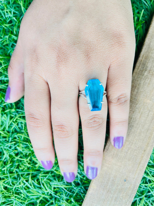 Blue Topaz Glass Sterling Silver Ring  - Hand Crafted Coffin Shape Ring - Bohemian Mystic Glass Ring - Gift for her - summer gift