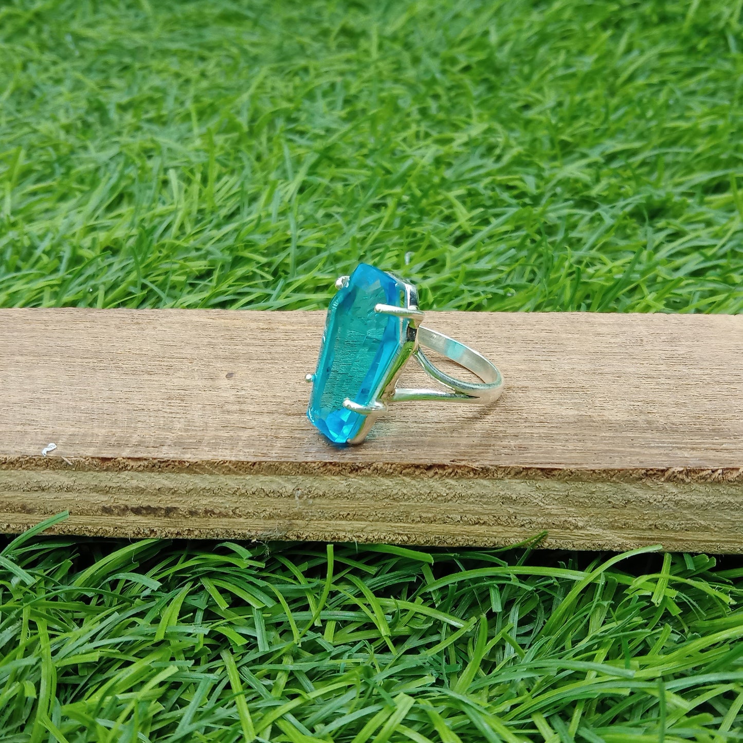 Blue Topaz Glass Sterling Silver Ring  - Hand Crafted Coffin Shape Ring - Bohemian Mystic Glass Ring - Gift for her - summer gift