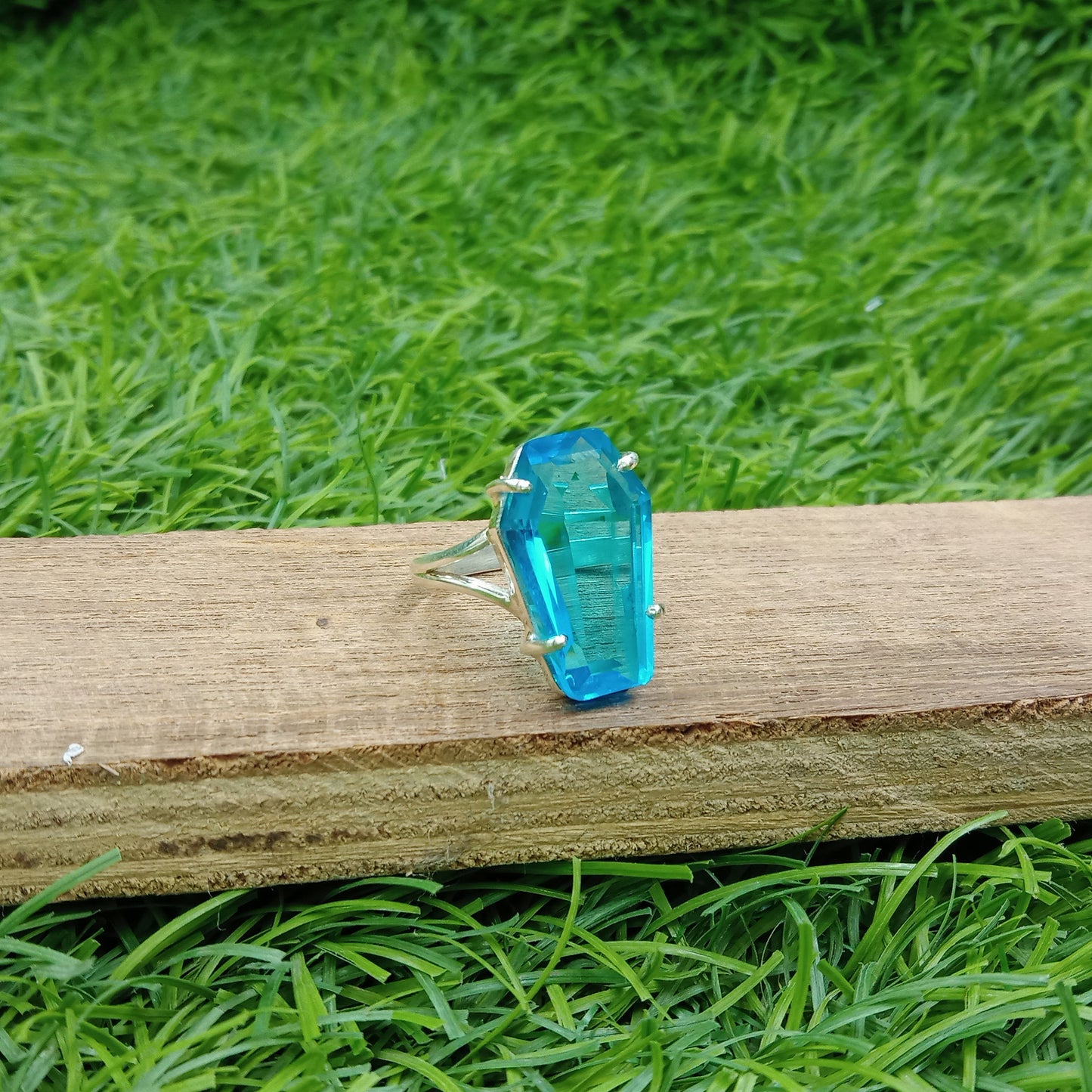 Blue Topaz Glass Sterling Silver Ring  - Hand Crafted Coffin Shape Ring - Bohemian Mystic Glass Ring - Gift for her - summer gift