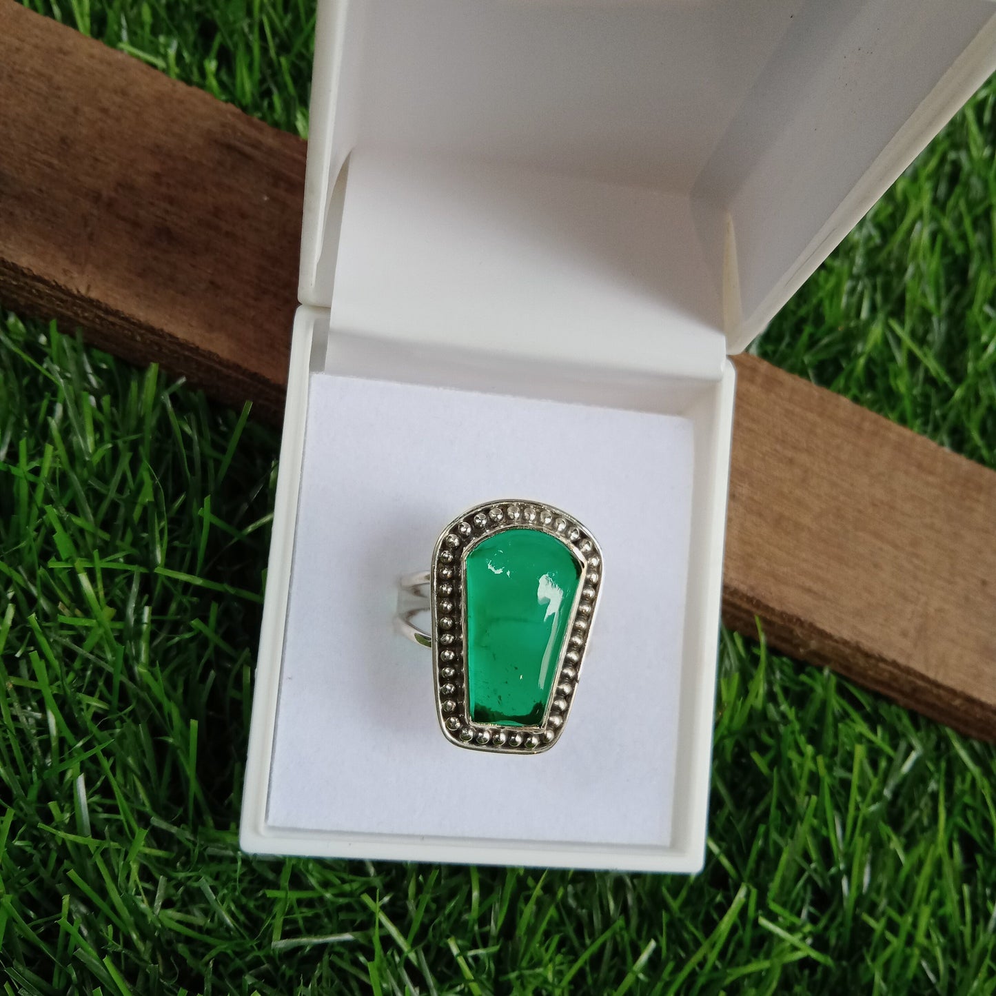 Emerald Glass 925 Sterling Silver Ring  - Hand Crafted Big Shape Ring - Bohemian Emerald Glass silver Ring - Gift for her - summer gift