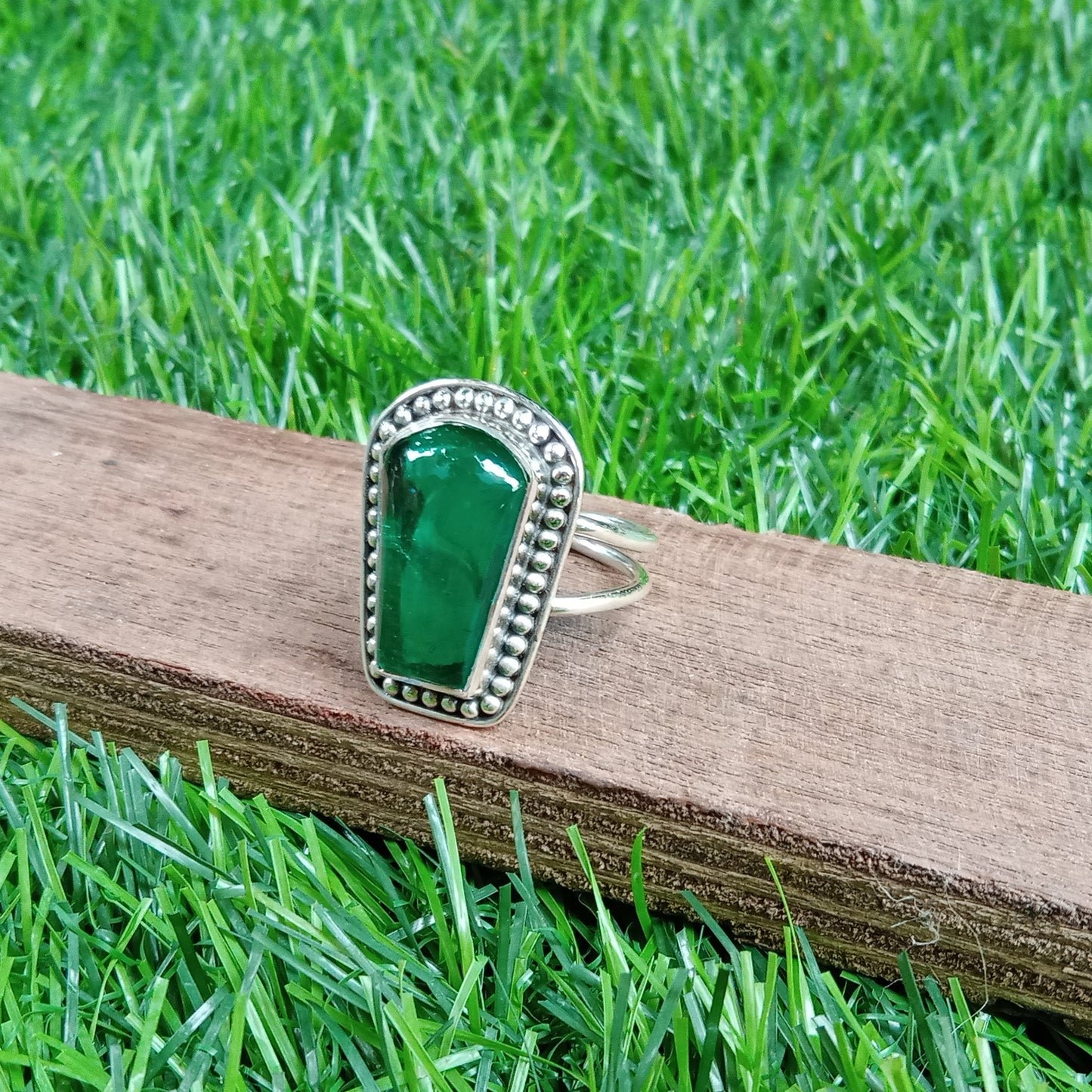 Emerald Glass 925 Sterling Silver Ring  - Hand Crafted Big Shape Ring - Bohemian Emerald Glass silver Ring - Gift for her - summer gift