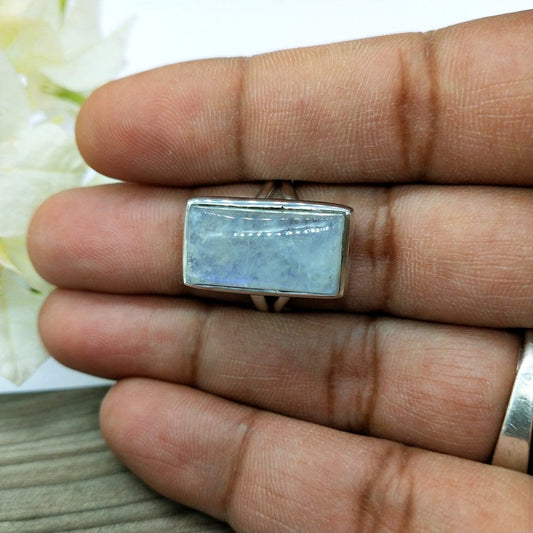 Moonstone Boho Ring - Rainbow Moonstone Sterling Silver Ring - Hand Crafted Bohemian Ring-Bohemian Ring - Square Shape Moonstone ring ,Gift