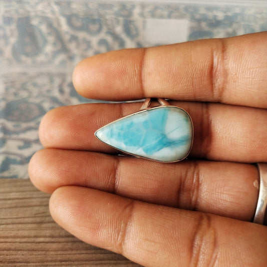 Natural Larimar top quality Stone ring - Cabochon Fire ring - 925 sterling silver ring - Big pear shapering -  wedding Rings - silver rings