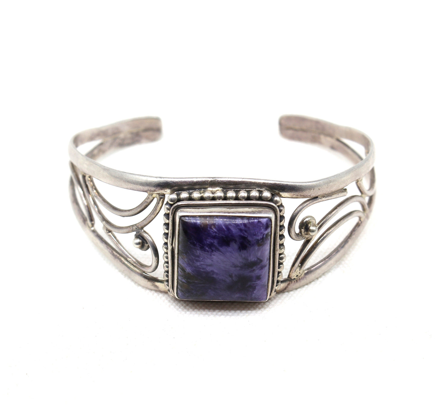 Boho Cuff Bracelet | Solid 925-Sterling Silver with Charoite Square Stone | Handmade Design Bracelet | Women Boho Jewelry | Gift for Her