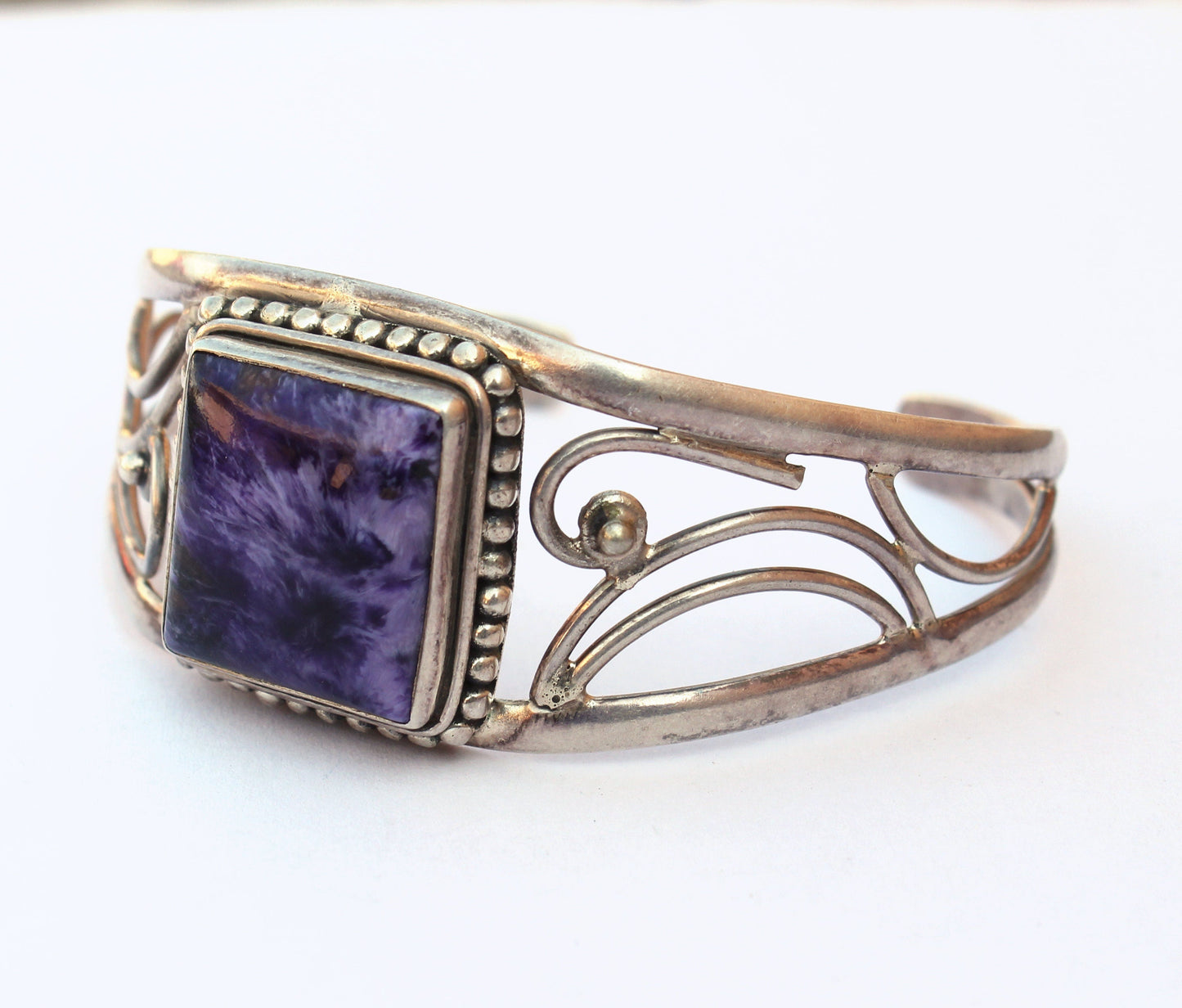 Boho Cuff Bracelet | Solid 925-Sterling Silver with Charoite Square Stone | Handmade Design Bracelet | Women Boho Jewelry | Gift for Her