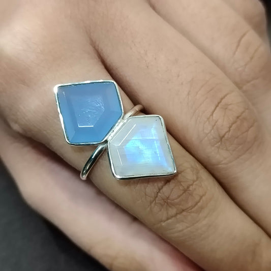 Moonstone and blue calcy Ring -Sterling Silver Ring - dual gemstone ring - Hand Crafted Bohemian Ring - Rainbow Moonstone and blue calcy