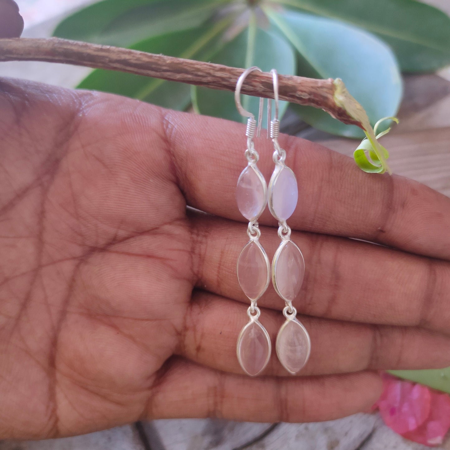 Rose Quartz 925 Sterling Silver Handmade Earring Rose Quartz Marquise Shape Silver Earrings  Boho Earrings Gift for Her