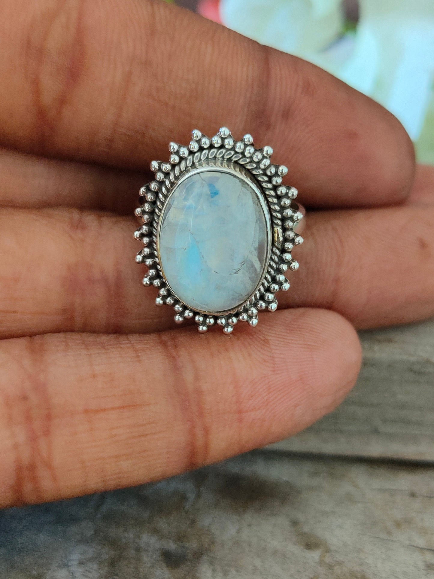 Boho  Ring - Rainbow Moonstone Sterling Silver Ring - Hand Crafted Bohemian Ring-Bohemian Ring - Rainbow Moonstone  - Rings -Gift for her