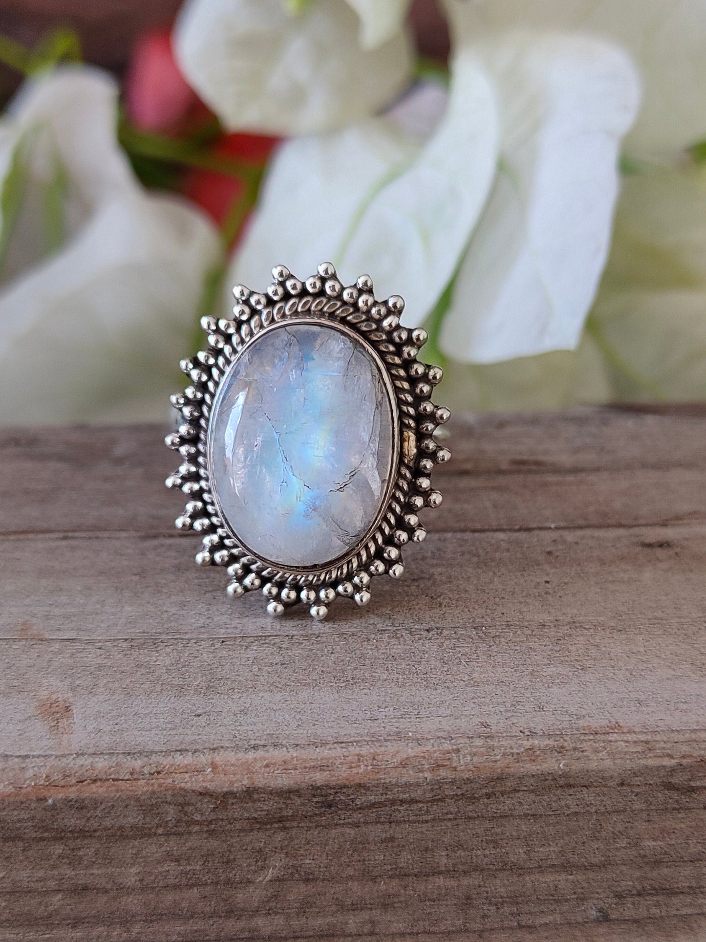 Boho  Ring - Rainbow Moonstone Sterling Silver Ring - Hand Crafted Bohemian Ring-Bohemian Ring - Rainbow Moonstone  - Rings -Gift for her