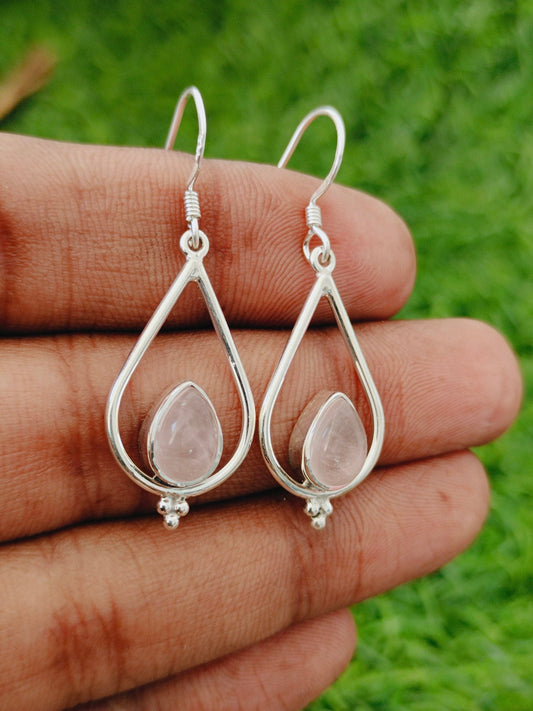 Rose Quartz  925 Sterling Silver Handmade Earring Rose Quartz Pear  Shape Silver Earrings Boho Earrings Gift for Her Earrings free shipping