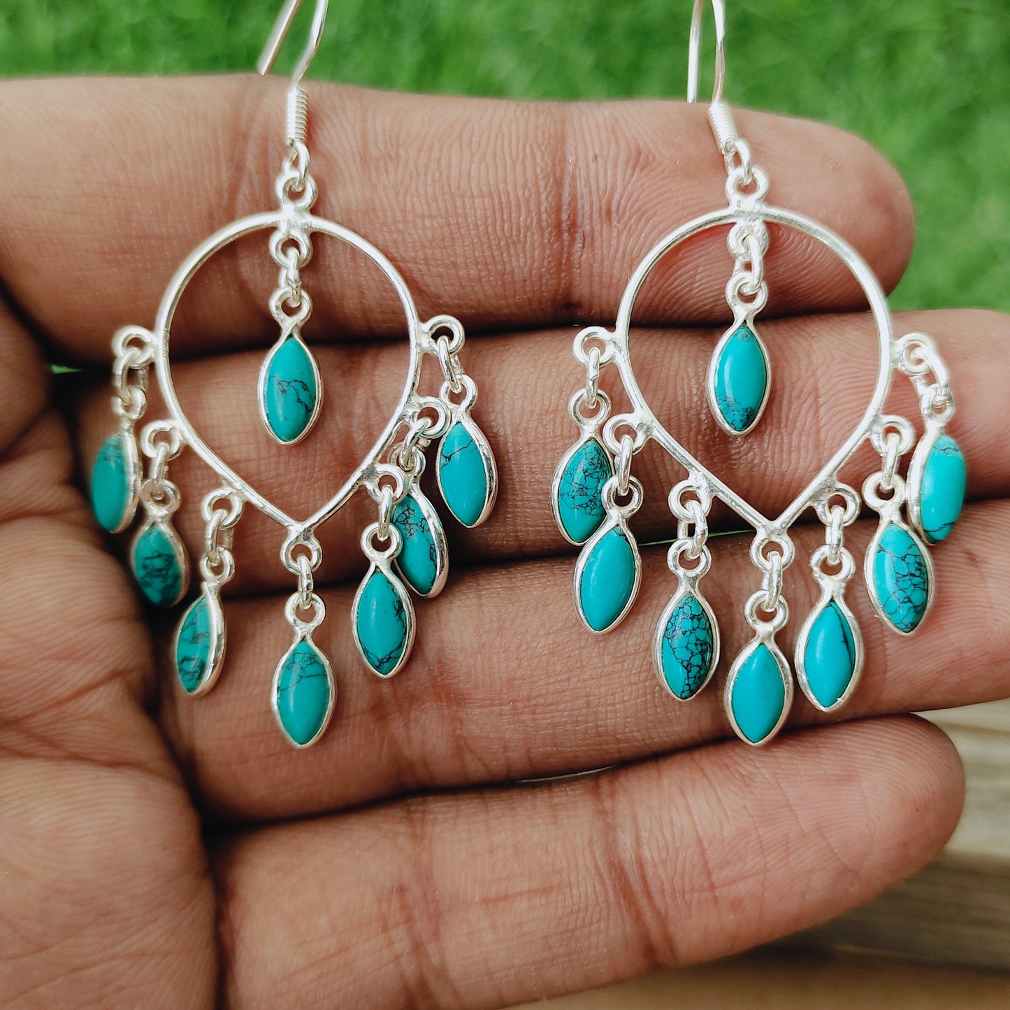 Big Size hoop earrings - Turquoise Big dangle earrings - Turquoise earrings - Big Round Silver Earrings - Party wear Earrings - gift for her