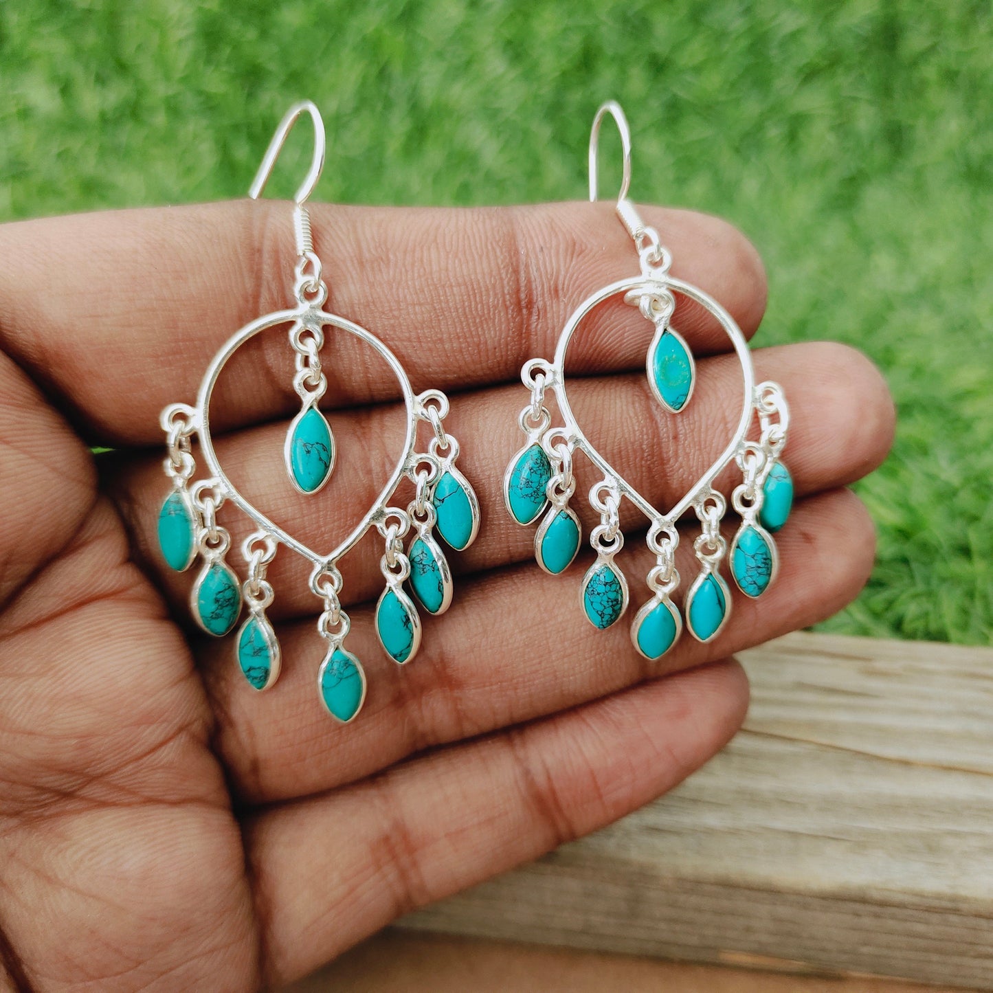 Big Size hoop earrings - Turquoise Big dangle earrings - Turquoise earrings - Big Round Silver Earrings - Party wear Earrings - gift for her