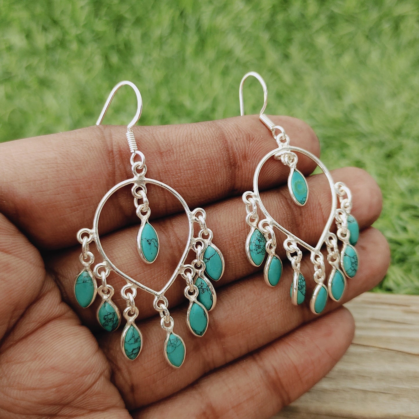 Big Size hoop earrings - Turquoise Big dangle earrings - Turquoise earrings - Big Round Silver Earrings - Party wear Earrings - gift for her