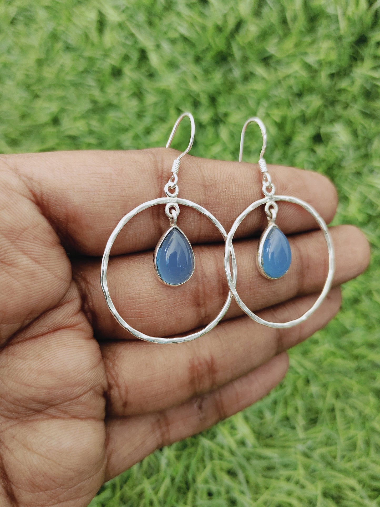 Blue Calcy Silver Earring , Handcrafted Bohemian Earring , Earrings , Blue Calcy Stone , Gift for her , Jewelry , Dangle Earrings , Freeship