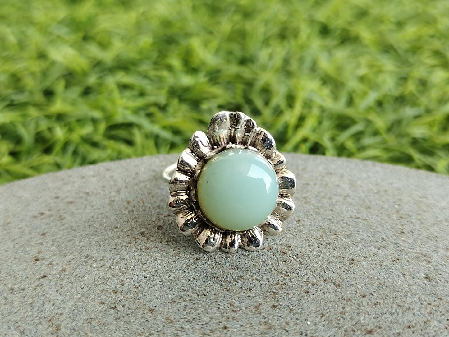 Aqua Calcy Boho Statement Ring - Aqua Calcy Silver Ring -Hand Crafted Bohemian Ring-Round Flower Ring - Sizable Ring - Rings - Gifts for her