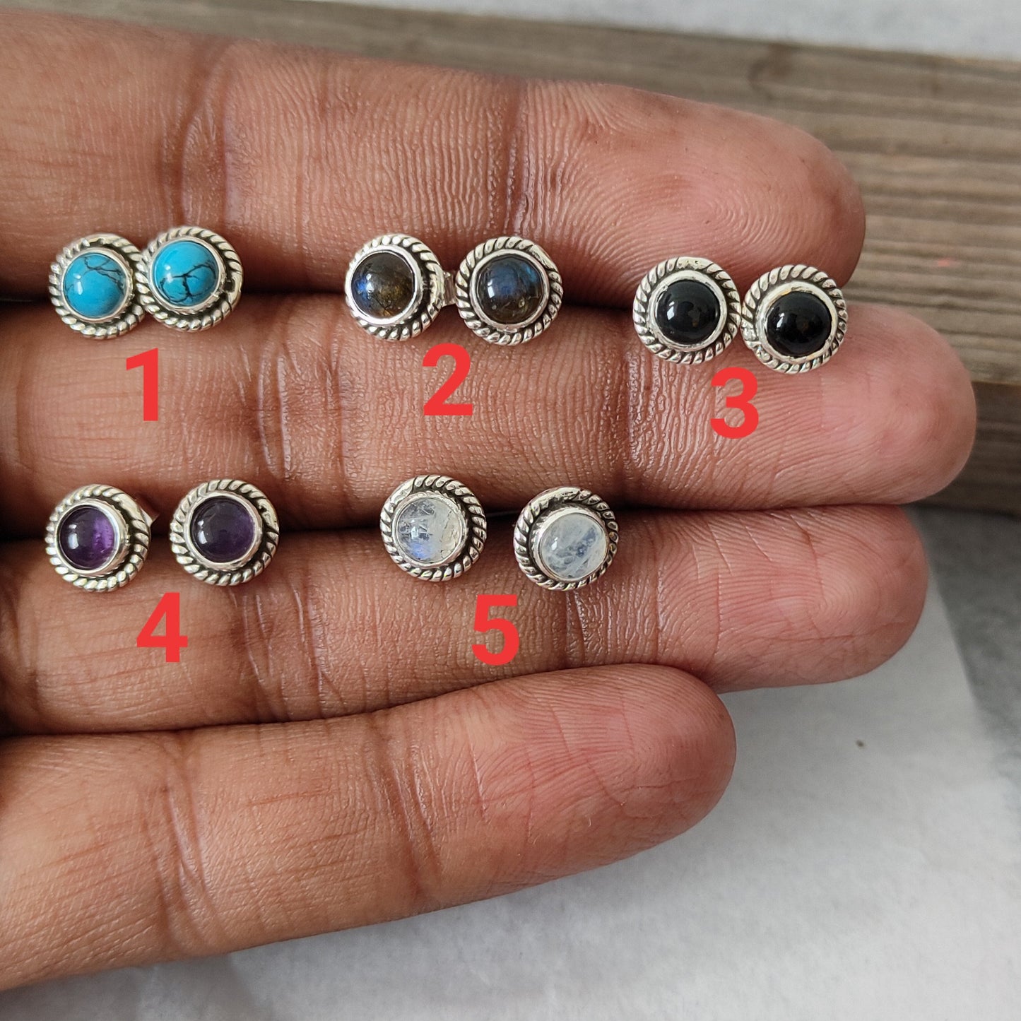 Set of 5 Gemstone stud earrings ,  5 mm  round shaped studs silver earrings , tiny studs , 925 silver jewelry, choose gemstone , turquoise