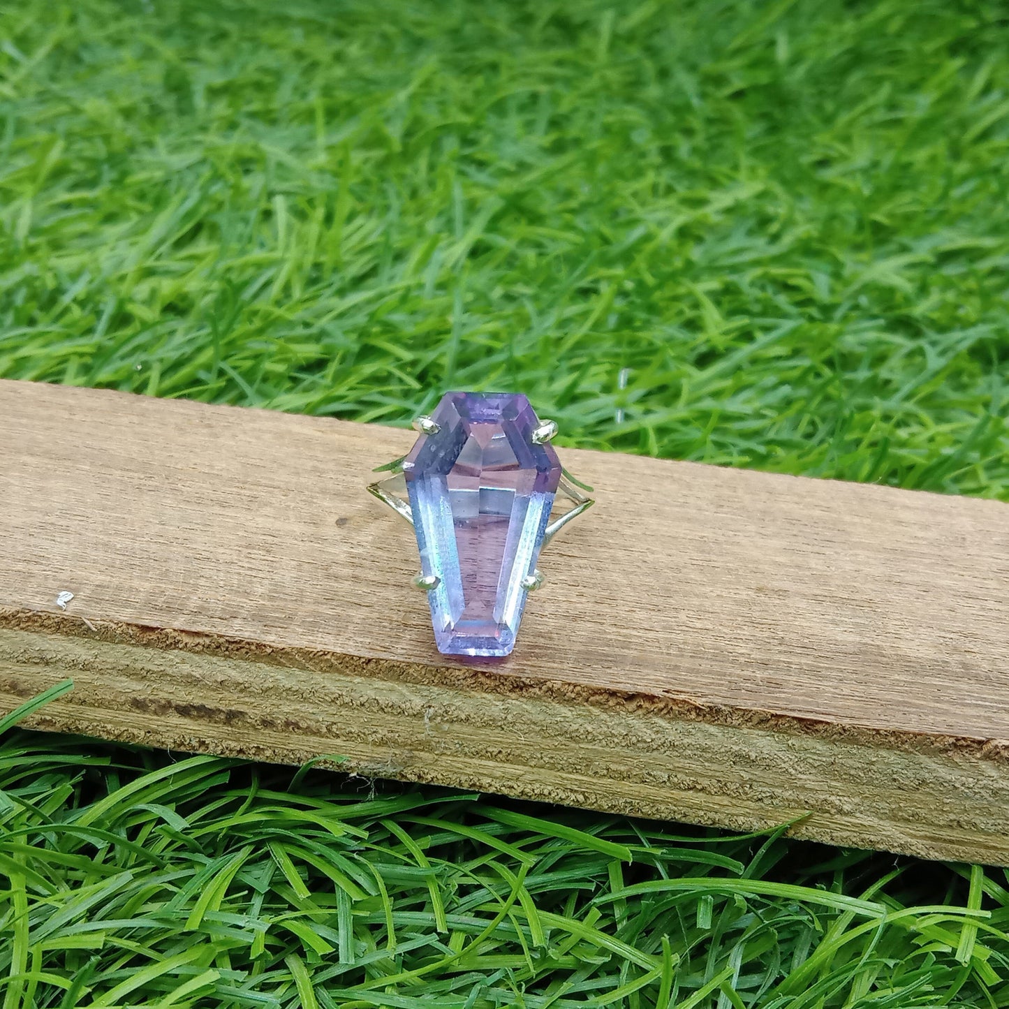 Amethyst Glass stone Coffin Shape Sterling Silver Ring  - Hand Crafted Coffin Shape Ring - Bohemian Amethyst Glass Ring - Gift for her