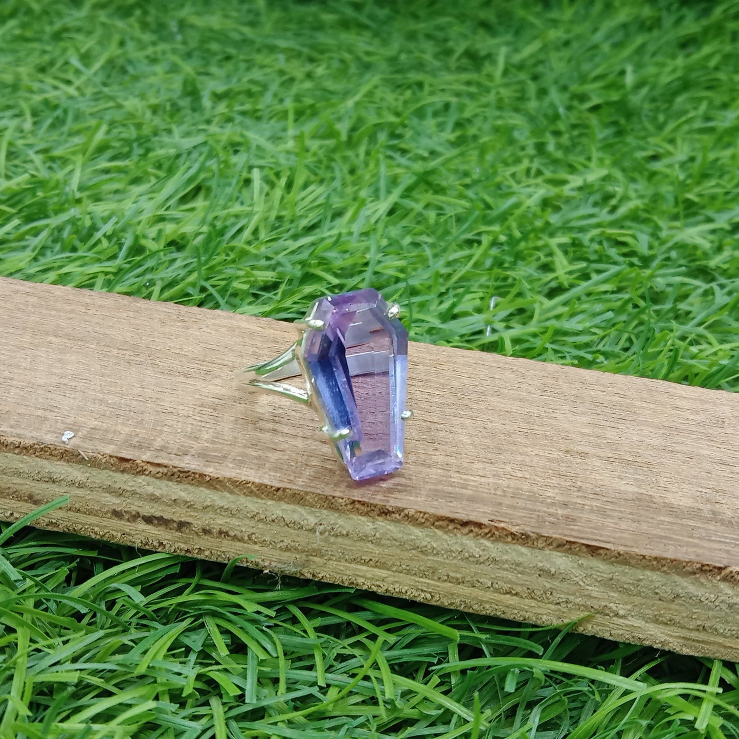 Amethyst Glass stone Coffin Shape Sterling Silver Ring  - Hand Crafted Coffin Shape Ring - Bohemian Amethyst Glass Ring - Gift for her